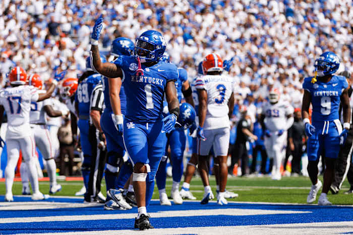 Sep 30, 2023; Lexington, Kentucky, USA; Kentucky Wildcats running back Ray Davis (1) celebrates a touchdown during the second quarter against the Florida Gators at Kroger Field. Mandatory Credit: Jordan Prather-USA TODAY Sports